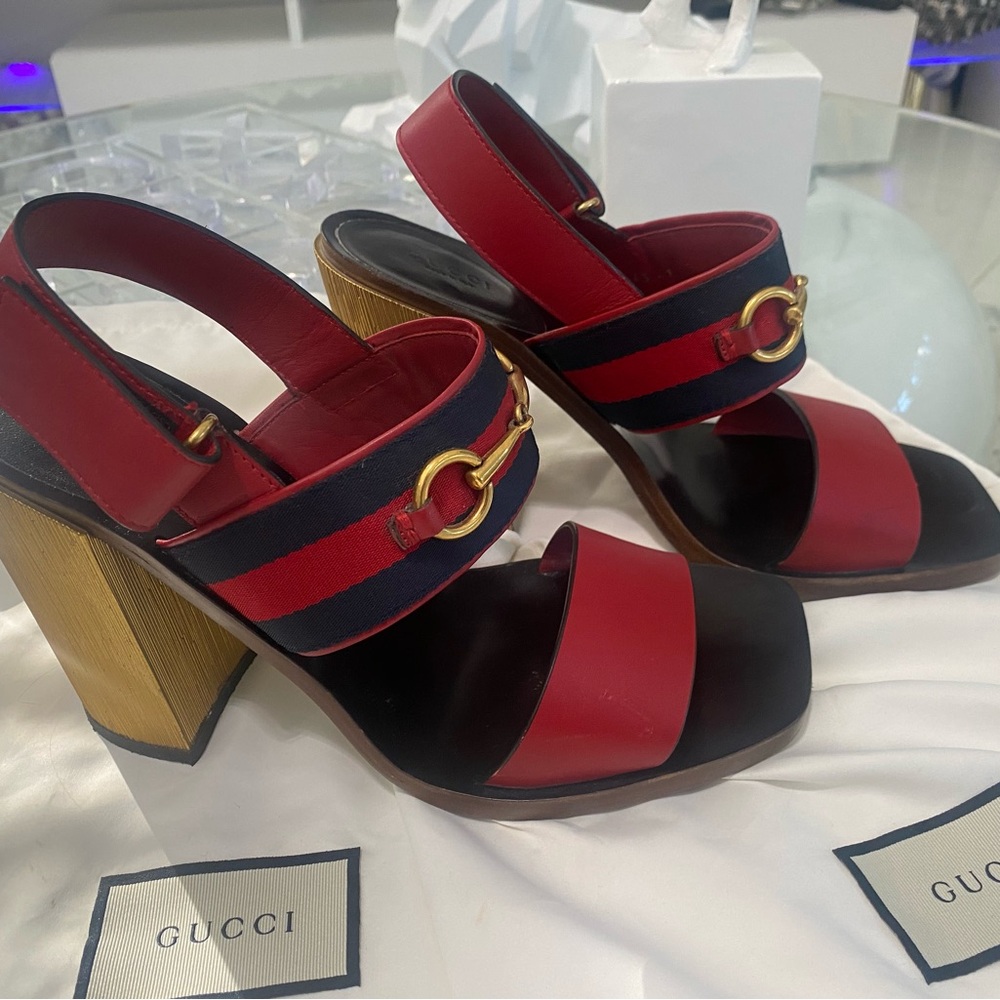 Gucci Horsebit Red and Navy with Gold Chunky Heel Sandal. 41